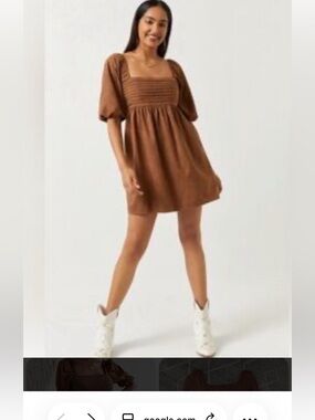 Mi Ami Faux Suade Mini Babydoll Dress Coastal Cowgirl Brown Puff Sleeves Small